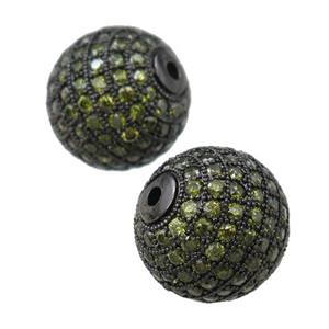 round copper beads paved green zircon, black plated, approx 16mm dia [FN21786]