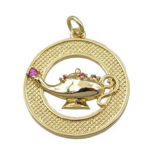 copper circle pendant with Aladdin lamp, gold plated, approx 22mm [FN21794]