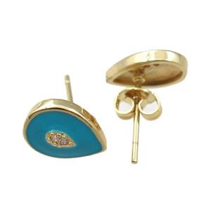 copper Stud Earring with blue enameled, teardrop, gold plated, approx 7-11mm [FN21814]