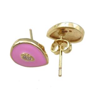 copper Stud Earring with pink enameled, teardrop, gold plated, approx 7-11mm [FN21815]