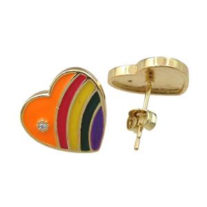 copper Stud Earring with enameled, heart, gold plated, approx 14mm [FN21819]
