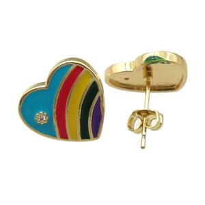 copper Stud Earring with enameled, heart, gold plated, approx 14mm [FN21820]