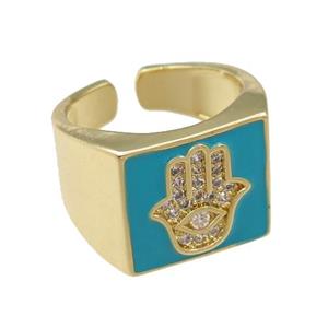 copper Rings with blue enameled, hamsahand, adjustable, gold plated, approx 14mm, 17mm [FN21828]