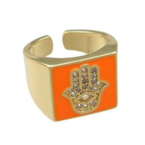 copper Rings with orange enameled, hamsahand, adjustable, gold plated, approx 14mm, 17mm [FN21829]