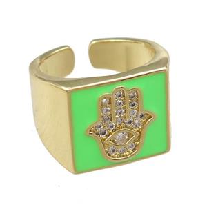copper Rings with green enameled, hamsahand, adjustable, gold plated, approx 14mm, 17mm [FN21830]