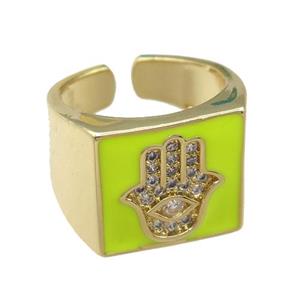 copper Rings with olive enameled, hamsahand, adjustable, gold plated, approx 14mm, 17mm [FN21831]