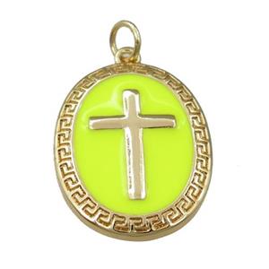 copper oval pendant with yellow enameled, cross, gold plated, approx 17-22mm [FN21849]