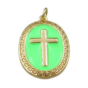 copper oval pendant with green enameled, cross, gold plated, approx 17-22mm [FN21850]