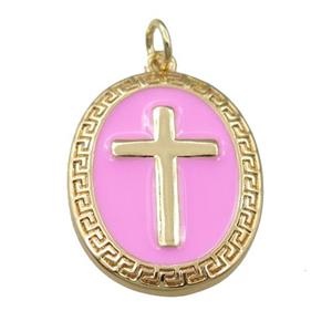 copper oval pendant with pink enameled, cross, gold plated, approx 17-22mm [FN21852]