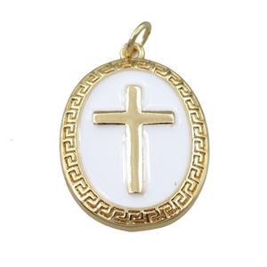 copper oval pendant with white enameled, cross, gold plated, approx 17-22mm [FN21853]