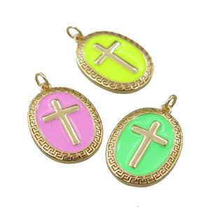 copper oval pendant with enameled, cross, gold plated, mix, approx 17-22mm [FN21854]
