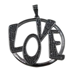 copper LOVE pendant pave zircon, letter, black plated, approx 37mm [FN21859]