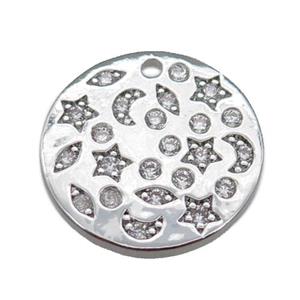 copper circle pendant pave zircon, celestial, platinum plated, approx 17mm dia [FN22133]