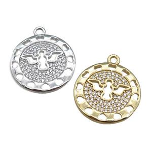 copper circle pendant pave zircon with angel, mixed, approx 20mm dia [FN22138]
