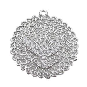 copper circle pendant pave zircon with hawk, platinum plated, approx 30mm dia [FN22143]