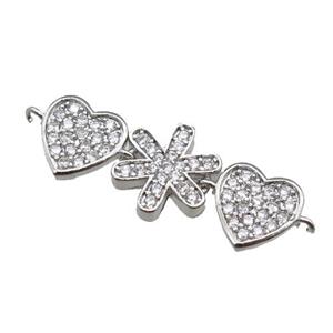 copper heart connector pave zircon, platinum plated, approx 10-30mm [FN22149]