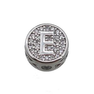 copper beads pave zircon, letter, platinum plated, approx 10mm [FN22155]