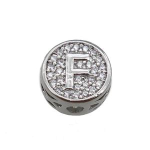 copper beads pave zircon, letter, platinum plated, approx 10mm [FN22156]