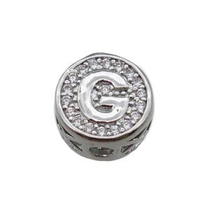 copper beads pave zircon, letter, platinum plated, approx 10mm [FN22157]