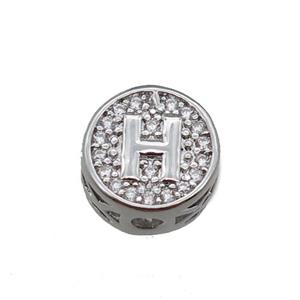 copper beads pave zircon, letter, platinum plated, approx 10mm [FN22158]