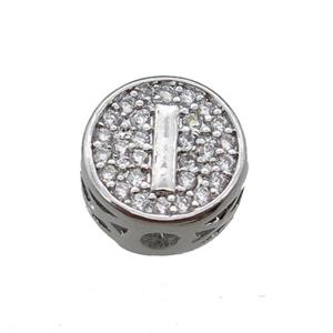 copper beads pave zircon, letter, platinum plated, approx 10mm [FN22159]