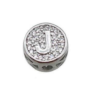 copper beads pave zircon, letter, platinum plated, approx 10mm [FN22160]