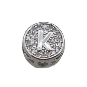 copper beads pave zircon, letter, platinum plated, approx 10mm [FN22161]