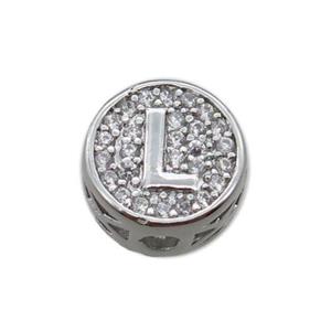 copper beads pave zircon, letter, platinum plated, approx 10mm [FN22162]