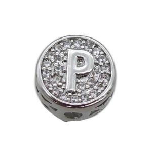 copper beads pave zircon, letter, platinum plated, approx 10mm [FN22166]