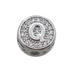 copper beads pave zircon, letter, platinum plated, approx 10mm [FN22167]