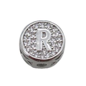 copper beads pave zircon, letter, platinum plated, approx 10mm [FN22168]