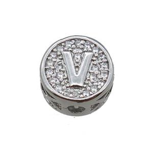 copper beads pave zircon, letter, platinum plated, approx 10mm [FN22172]