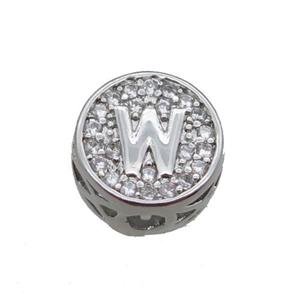 copper beads pave zircon, letter, platinum plated, approx 10mm [FN22173]