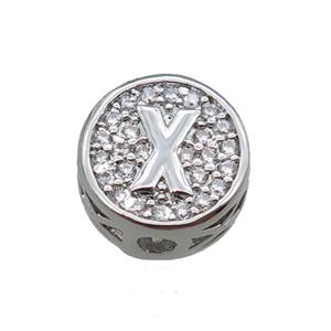 copper beads pave zircon, letter, platinum plated, approx 10mm [FN22174]