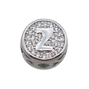 copper beads pave zircon, letter, platinum plated, approx 10mm [FN22175]