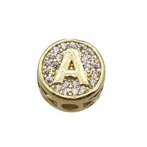 copper bead pave zircon, letter, gold plated, approx 10mm [FN22177]