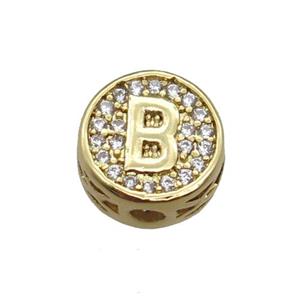 copper beads pave zircon, letter, gold plated, approx 10mm [FN22178]