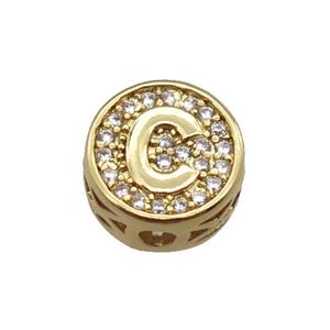 copper beads pave zircon, letter, gold plated, approx 10mm [FN22179]