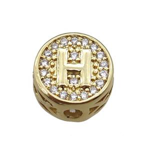 copper beads pave zircon, letter, gold plated, approx 10mm [FN22184]