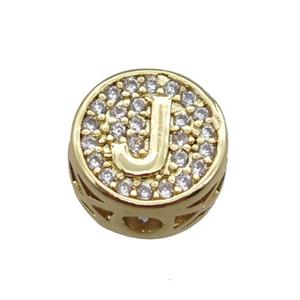 copper beads pave zircon, letter, gold plated, approx 10mm [FN22186]