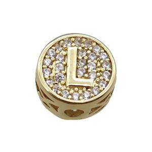 copper beads pave zircon, letter, gold plated, approx 10mm [FN22188]