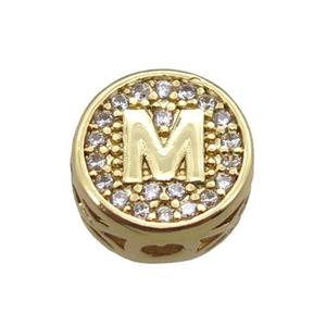 copper beads pave zircon, letter, gold plated, approx 10mm [FN22189]