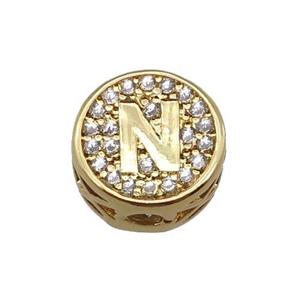 copper beads pave zircon, letter, gold plated, approx 10mm [FN22190]