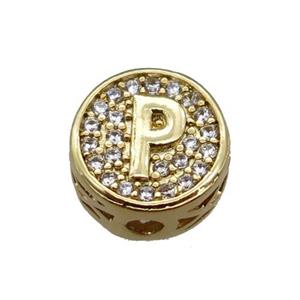 copper beads pave zircon, letter, gold plated, approx 10mm [FN22192]