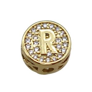 copper beads pave zircon, letter, gold plated, approx 10mm [FN22194]