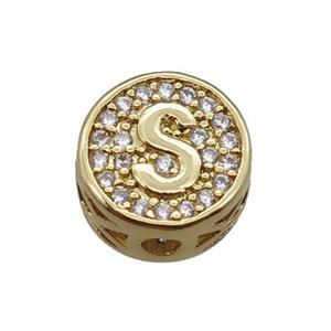 copper beads pave zircon, letter, gold plated, approx 10mm [FN22195]