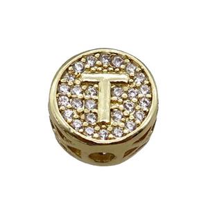 copper beads pave zircon, letter, gold plated, approx 10mm [FN22196]