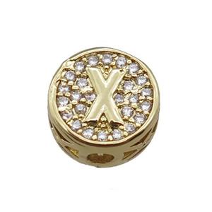 copper beads pave zircon, letter, gold plated, approx 10mm [FN22200]