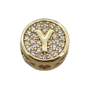 copper beads pave zircon, letter, gold plated, approx 10mm [FN22201]