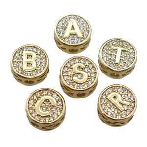 copper alphabet beads pave zircon, mixed letter, gold plated, approx 10mm [FN22203]
